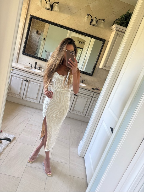 Astr Dresses & Skirts - White Textured Velvet Midi Dress with Side Slit